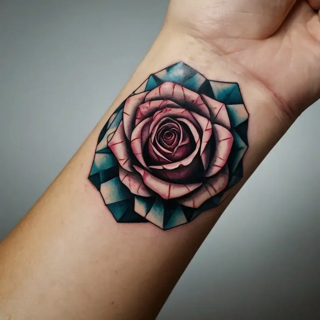 Geometric rose tattoo with shaded red petals and teal blue facets, creating a 3D illusion on the forearm.