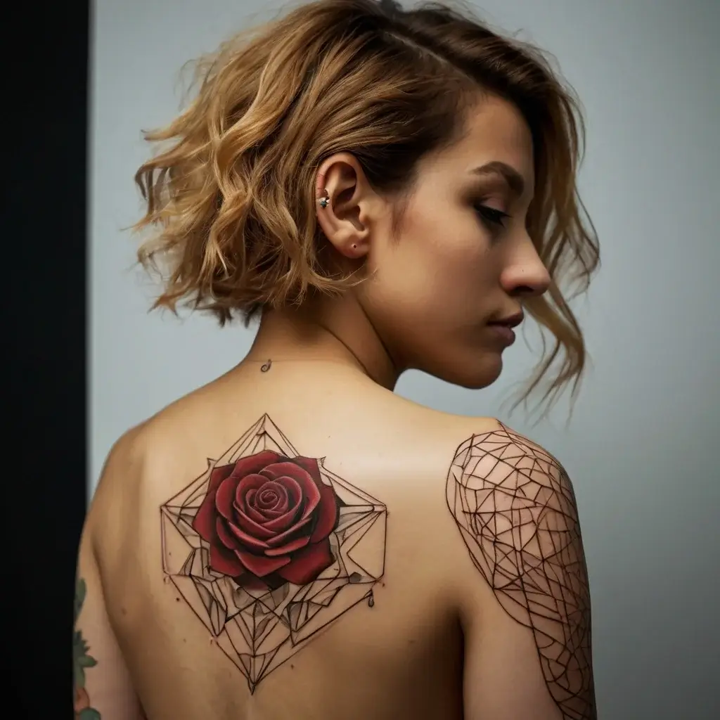 Geometric rose tattoo on back with intricate polygonal lines extending to shoulder, combining realism and abstract design.