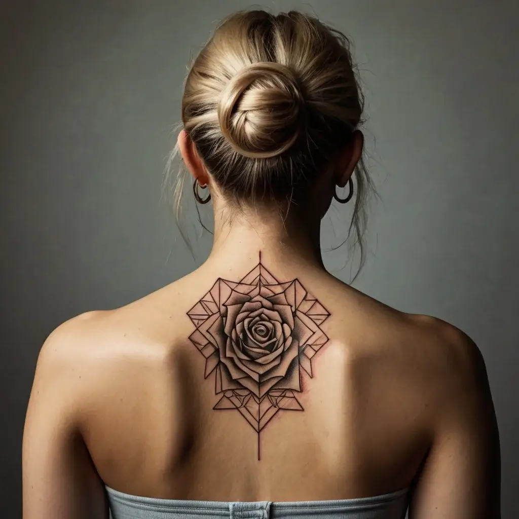 A geometric rose tattoo centered on the upper back, blending floral and angular elements in black and gray shading.