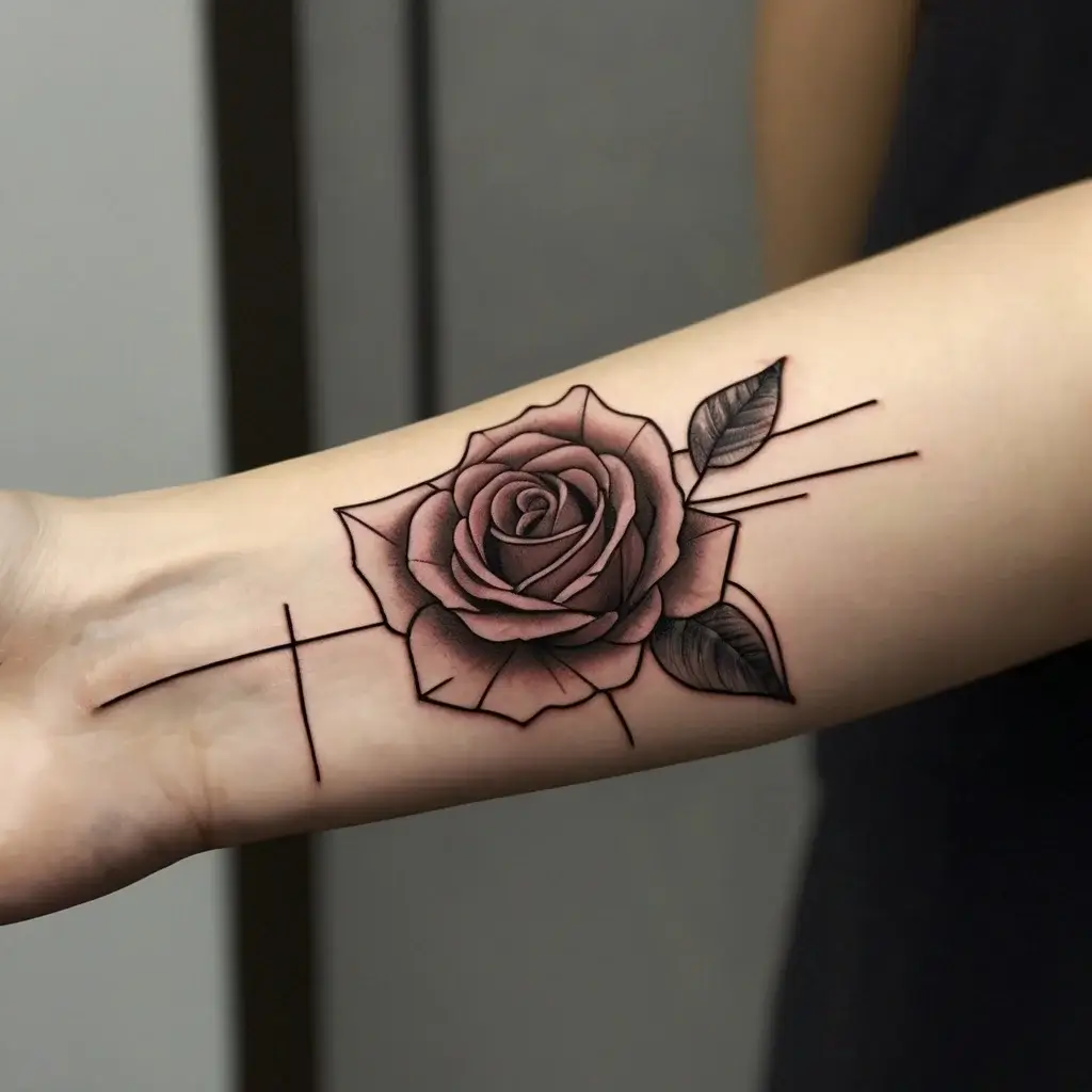 Tattoo of a grayscale rose with geometric lines on an arm, blending realism with abstract elements for a modern look.