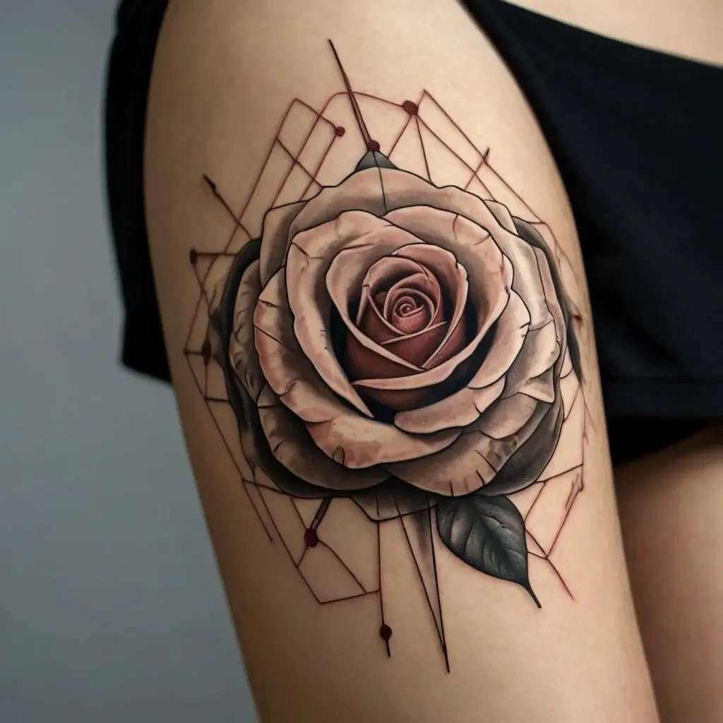 Intricate rose tattoo with geometric lines; features delicate shading and realistic petal details, creating dimensional beauty.