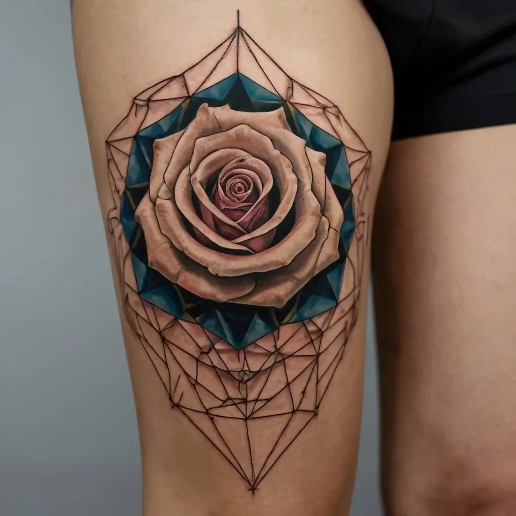 Realistic rose tattoo with geometric lines and teal shapes, blending nature and symmetry on the upper thigh.