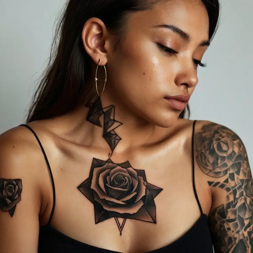 Black geometric rose tattoo on chest and shoulder, blending realism and abstraction, with angular accents on neck.