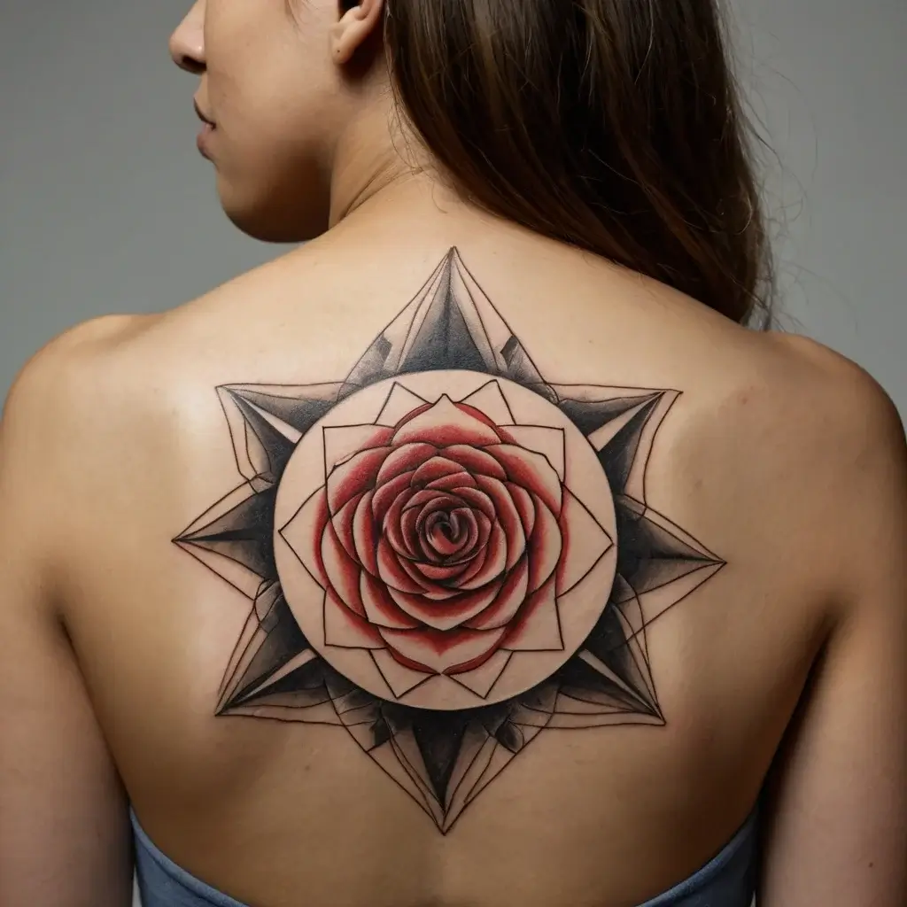 Geometric mandala tattoo with a central red rose, layered petals, and star-shaped background on the woman's back.