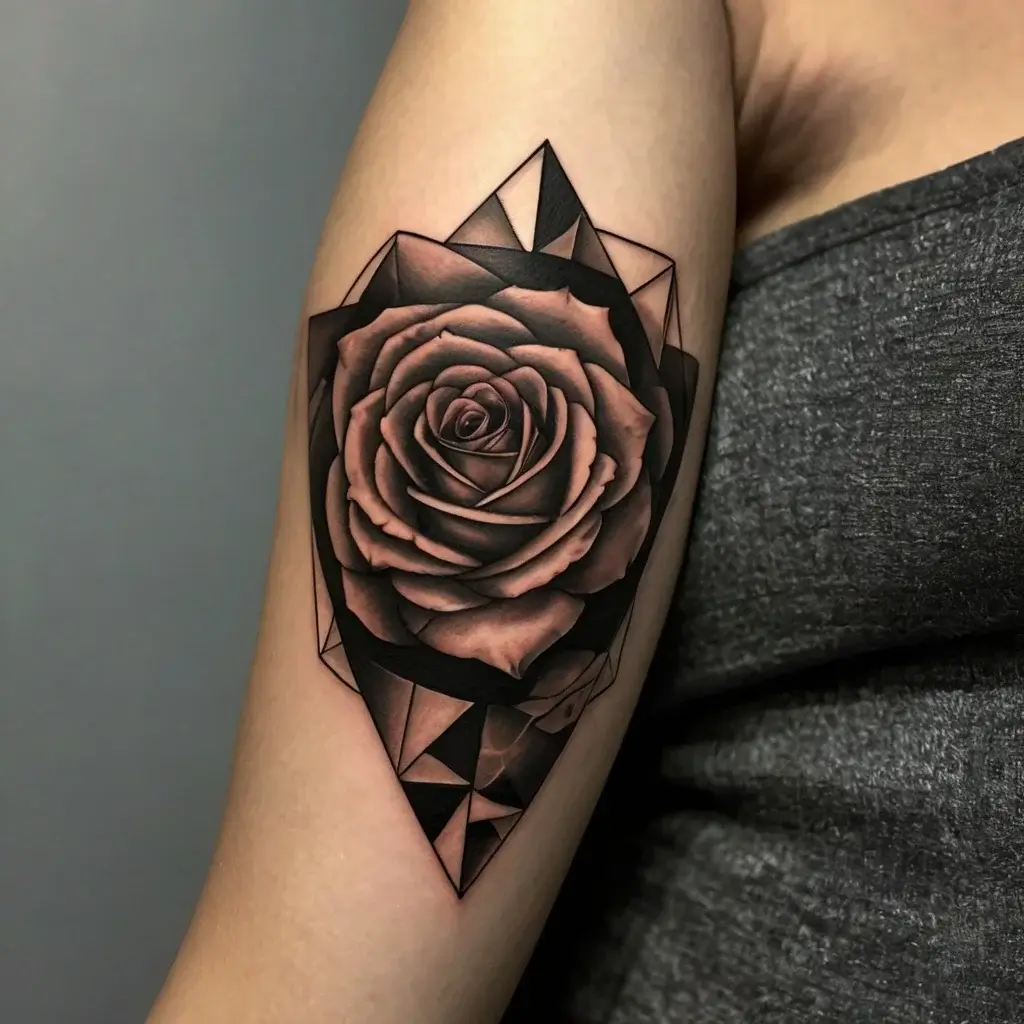 Geometric rose tattoo with intricate shading. The petals blend into angular shapes for a modern, artistic look.