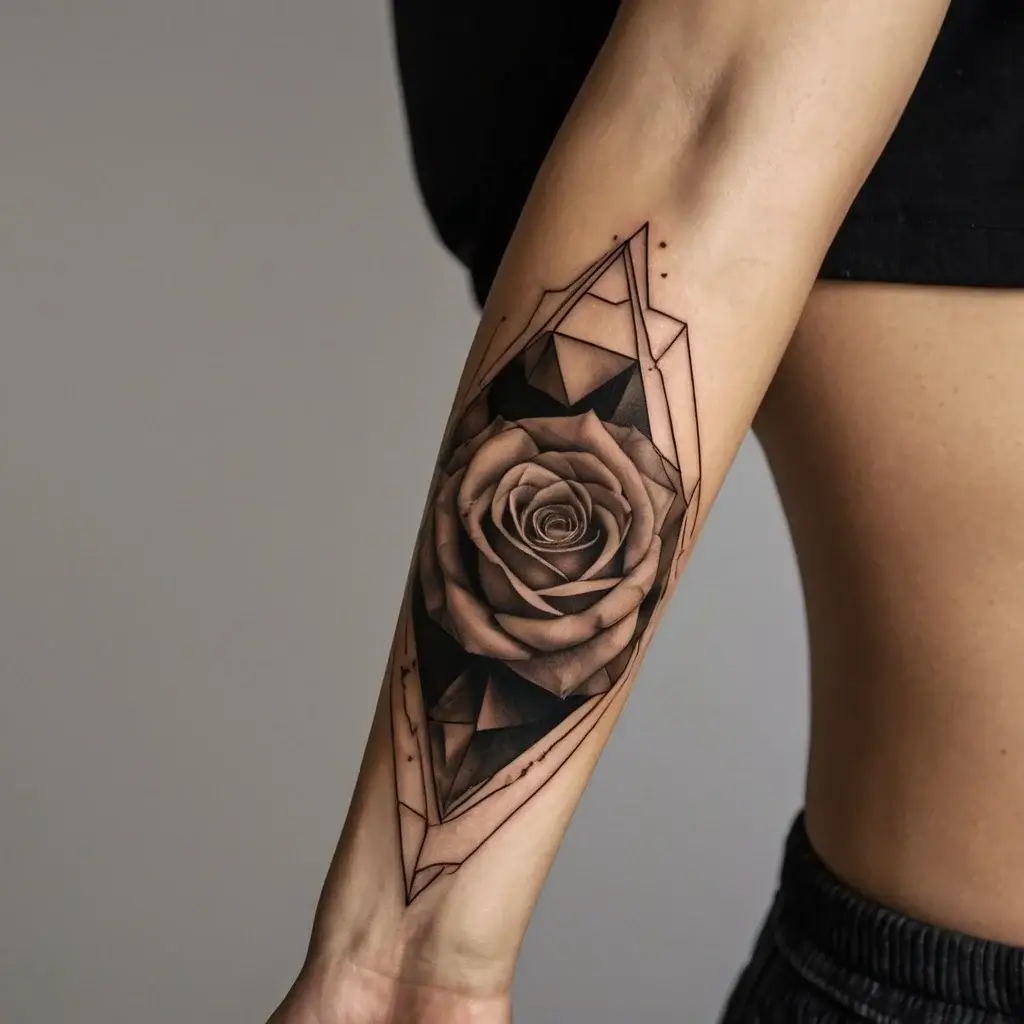 Geometric rose tattoo, blending realism with abstract shapes, on forearm. Bold lines enhance depth and dimension.