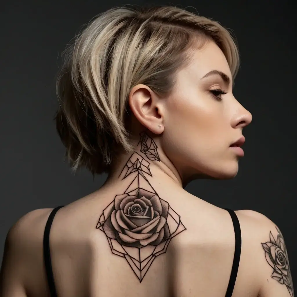 Ornate black ink rose with geometric lines nestled between the shoulder blades. Graceful fusion of nature and symmetry.