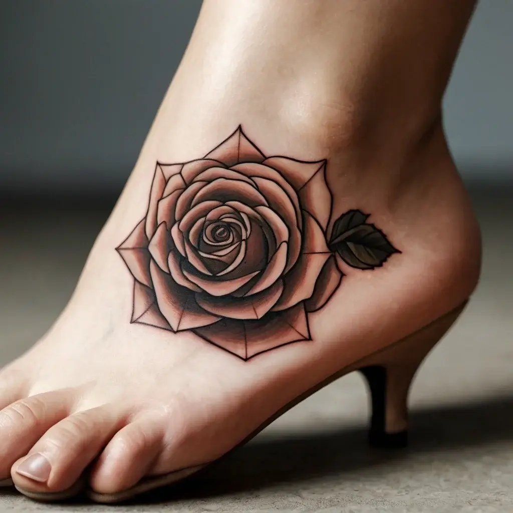 Detailed rose tattoo on the foot with geometric accents, featuring bold black outlines and soft shading for contrast.