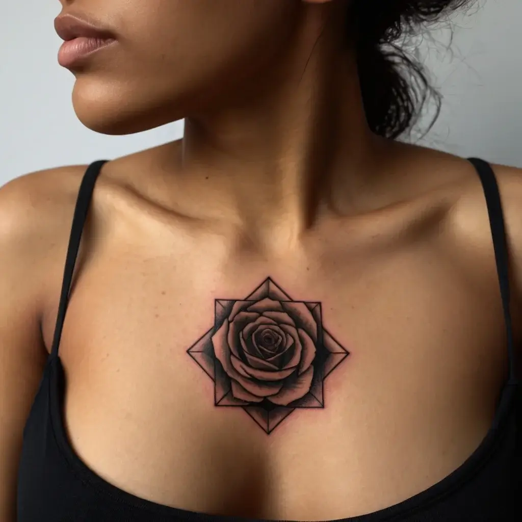 Geometric rose tattoo on chest with shaded petals, framed by layered star shapes, merging nature with symmetry.