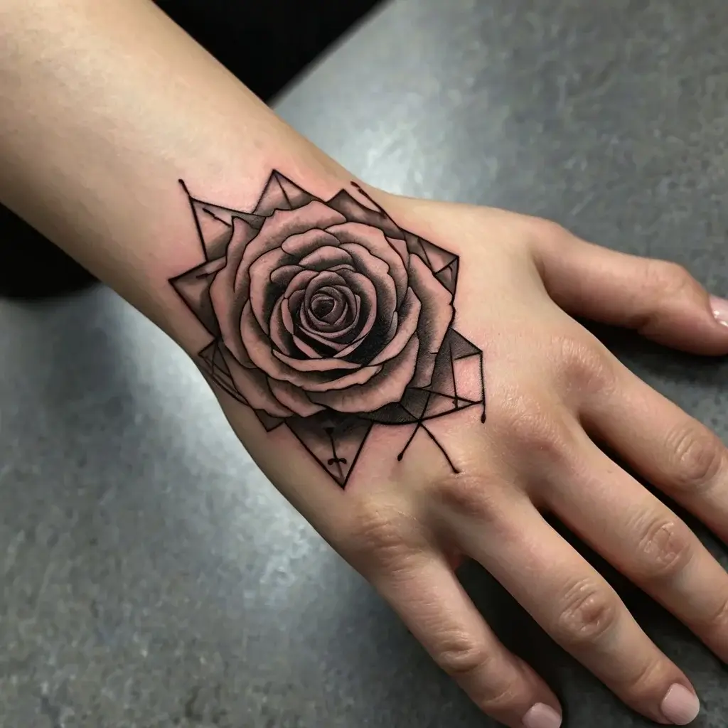 Tattoo of a shaded rose on the hand, surrounded by geometric lines and shapes, blending elegance with modern artistry.