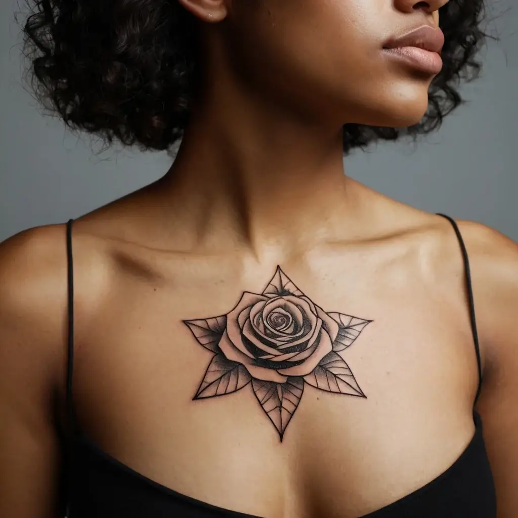 Chest tattoo of a detailed black and gray rose with a starburst pattern incorporating geometric leaves.