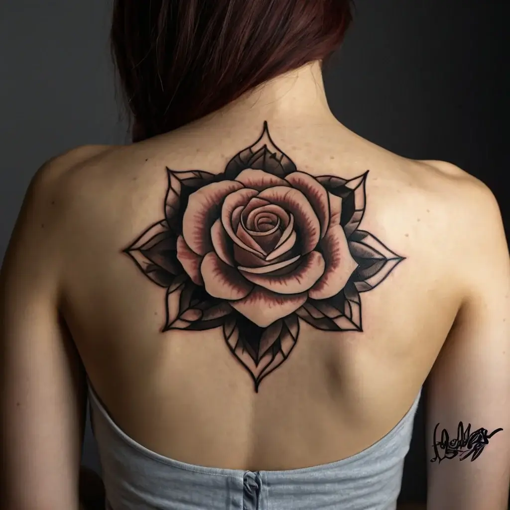 A detailed, shaded rose tattoo on the upper back, framed by geometric leaf patterns, blending realism and symmetry.