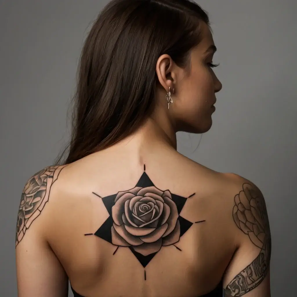 Intricate rose tattoo on upper back, framed by a black geometric starburst design, merging nature with geometry.