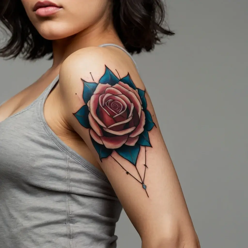 Realistic rose tattoo on upper arm, with soft pink petals and teal leaves, highlighting geometric accents and fine lines.