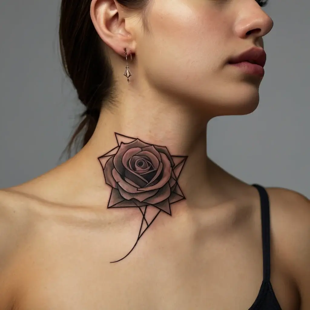 Geometric black and gray rose tattoo on the neck, blending realism with sharp polygonal outlines.