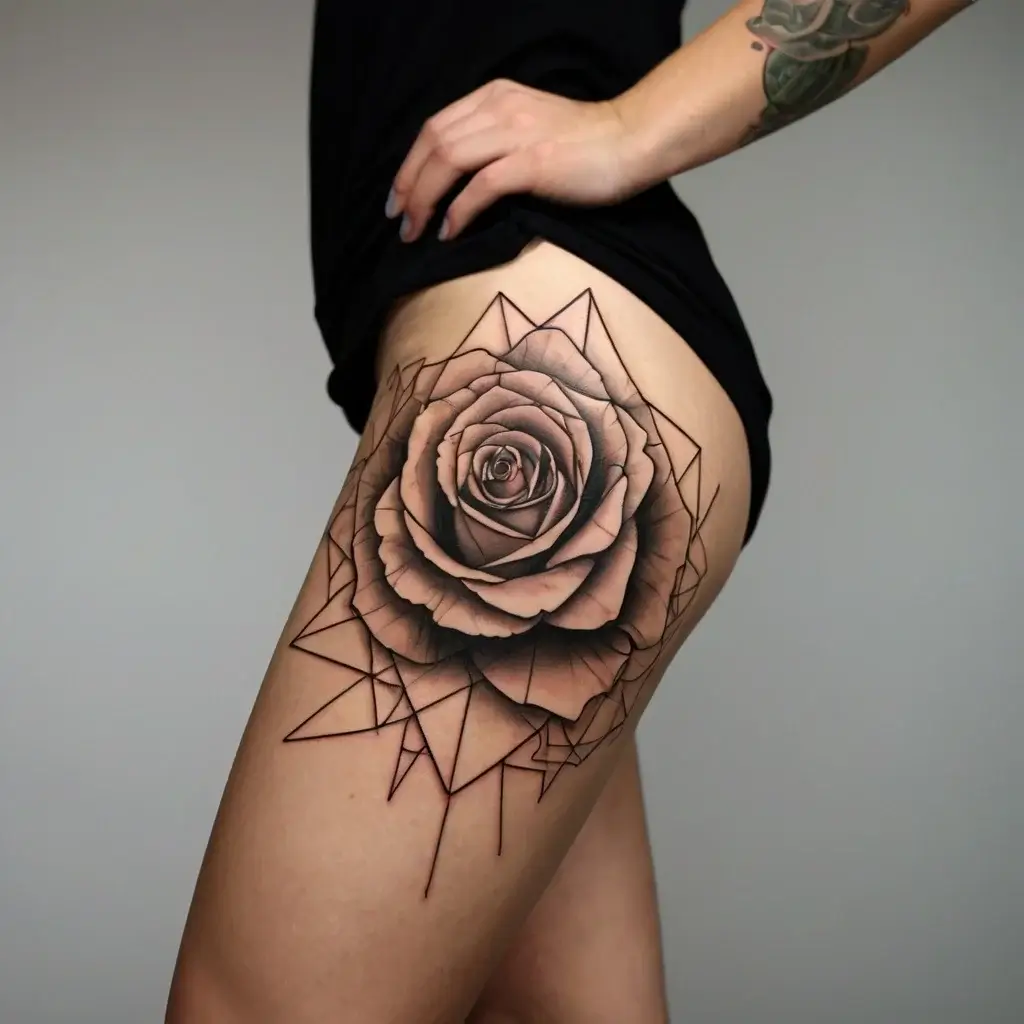 Tattoo of a realistic rose centered in geometric lines on the thigh, blending organic and abstract elements.