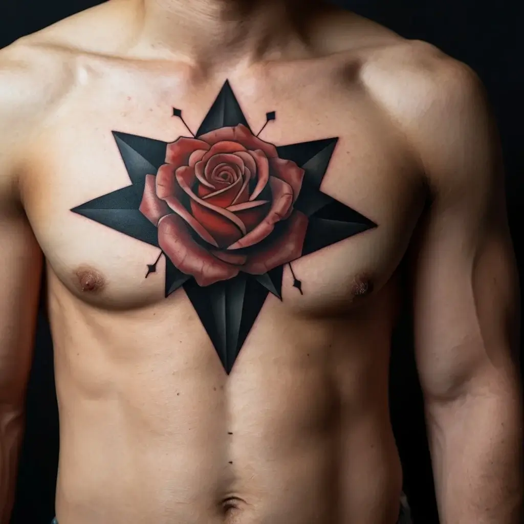 Chest tattoo of a realistic red rose at the center of a black star, blending vibrant floral and geometric styles.