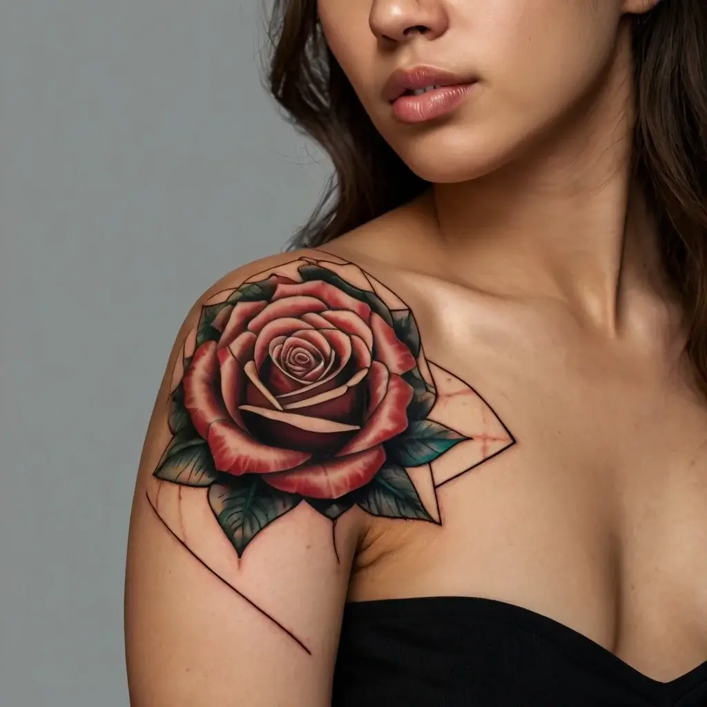 A realistic rose tattoo in shades of red and green, with geometric accents, elegantly placed on the shoulder.