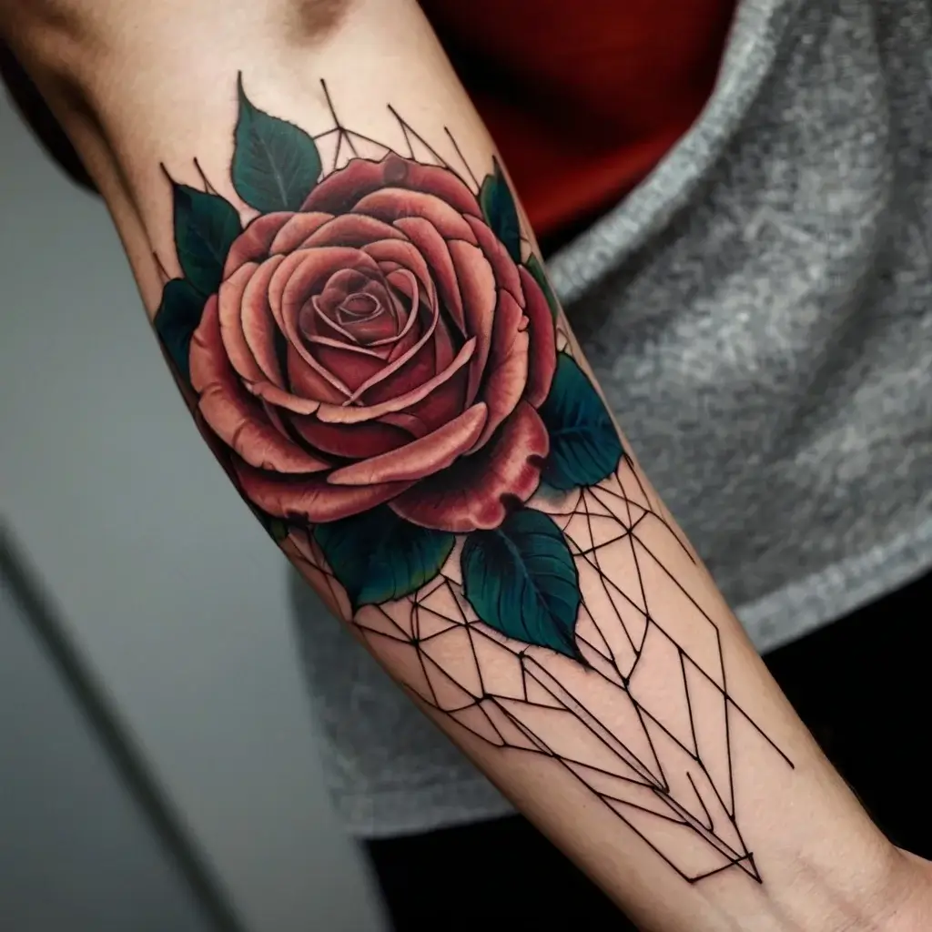 Realistic rose tattoo with deep red petals and green leaves, accented by geometric line patterns on forearm.