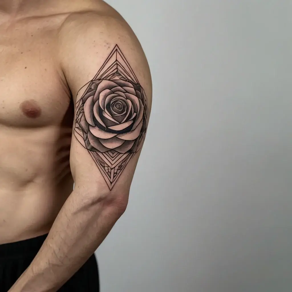 Geometric rose tattoo on upper arm, featuring intricate linework inside a detailed diamond-shaped border.