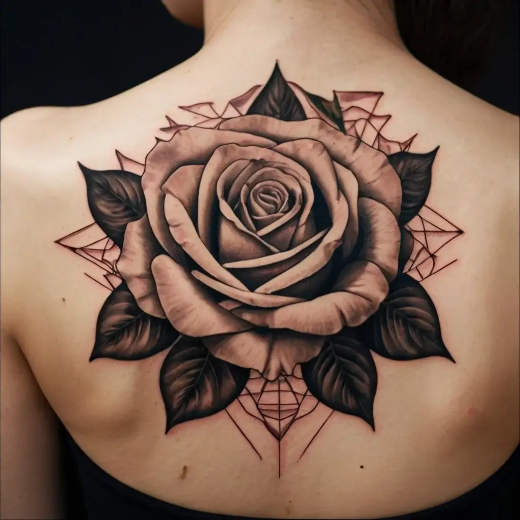 Realistic black and gray rose tattoo with geometric elements on back, highlighting intricate petal details and shading.