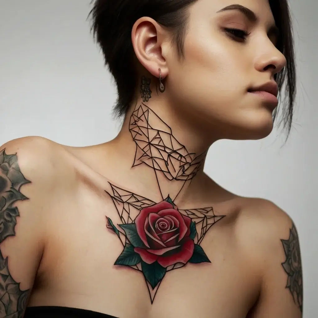 Geometric web pattern wraps a realistic red rose on the neck and chest, blending intricate lines with floral beauty.