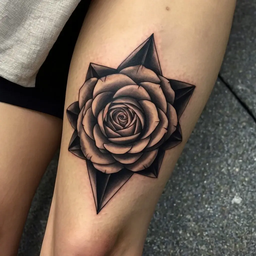 Tattoo of a detailed rose with geometric star elements, blending realism with sharp black shapes on a person's thigh.