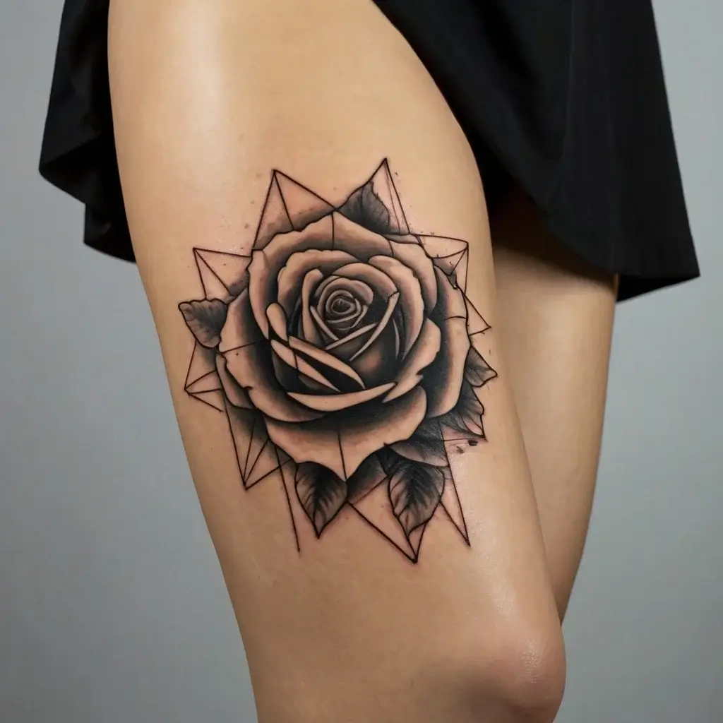 Black and grey rose tattoo on thigh, outlined with geometric shapes and shading, creating a 3D effect.