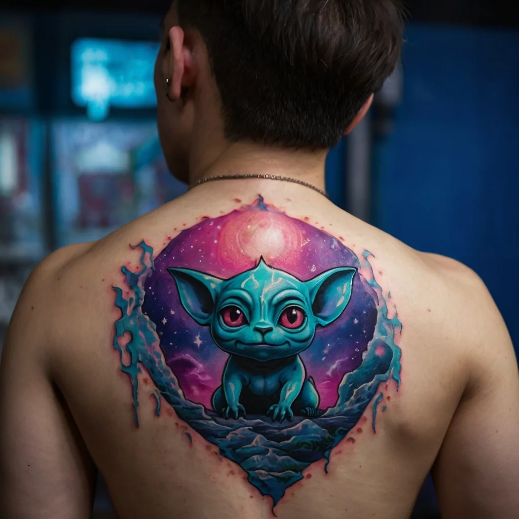 Tattoo of a turquoise alien creature with large eyes, set against a cosmic background on the back, surrounded by stars.