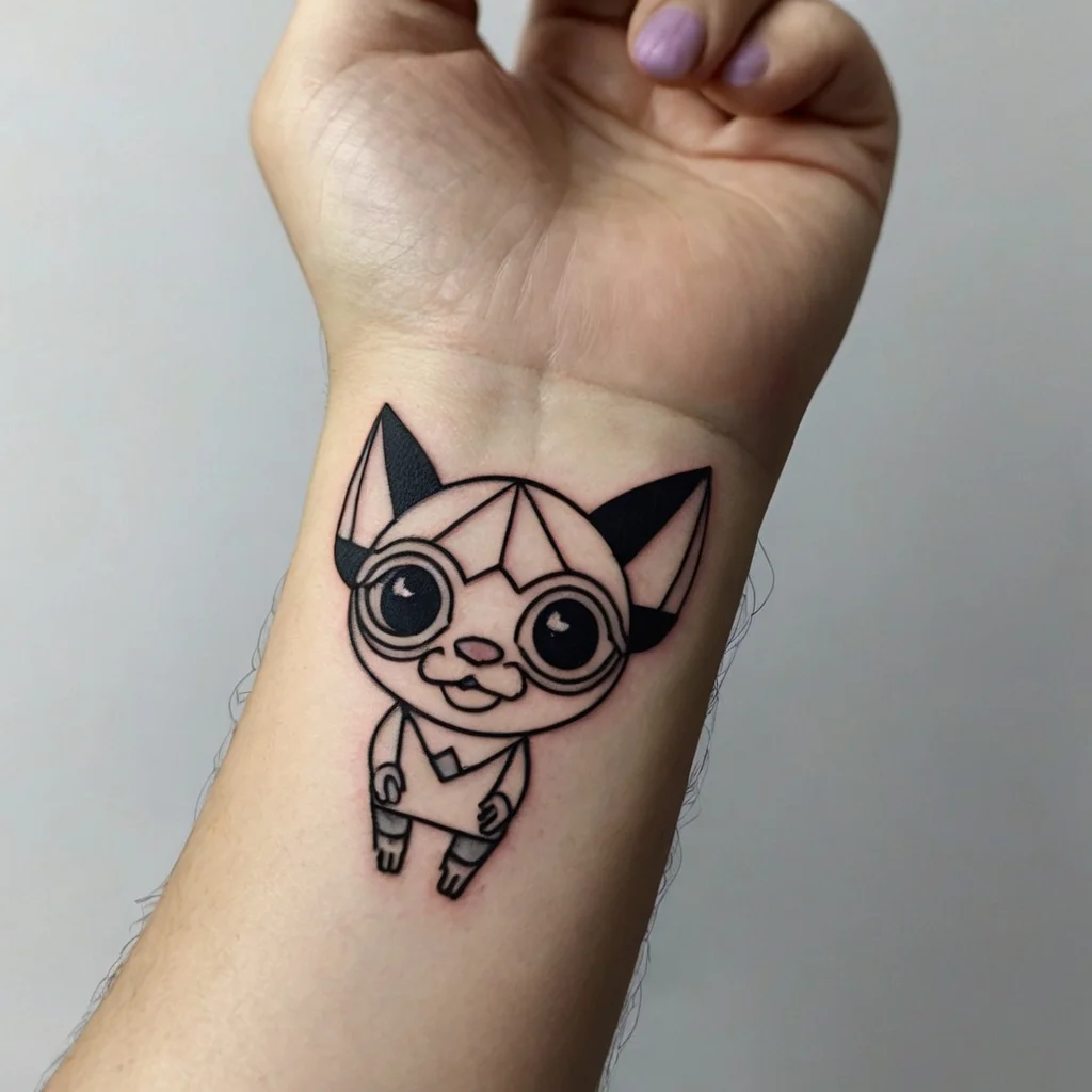 Geometric cat tattoo with large eyes and pointy ears, inked in black lines on the wrist, featuring a playful expression.