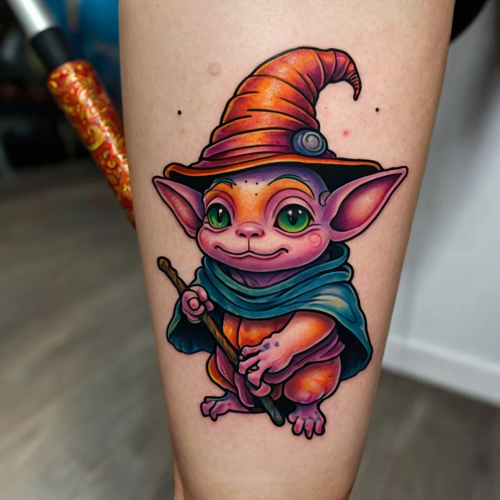 Colorful goblin wizard tattoo with big green eyes, orange hat, and blue cloak, holding a staff and smiling.