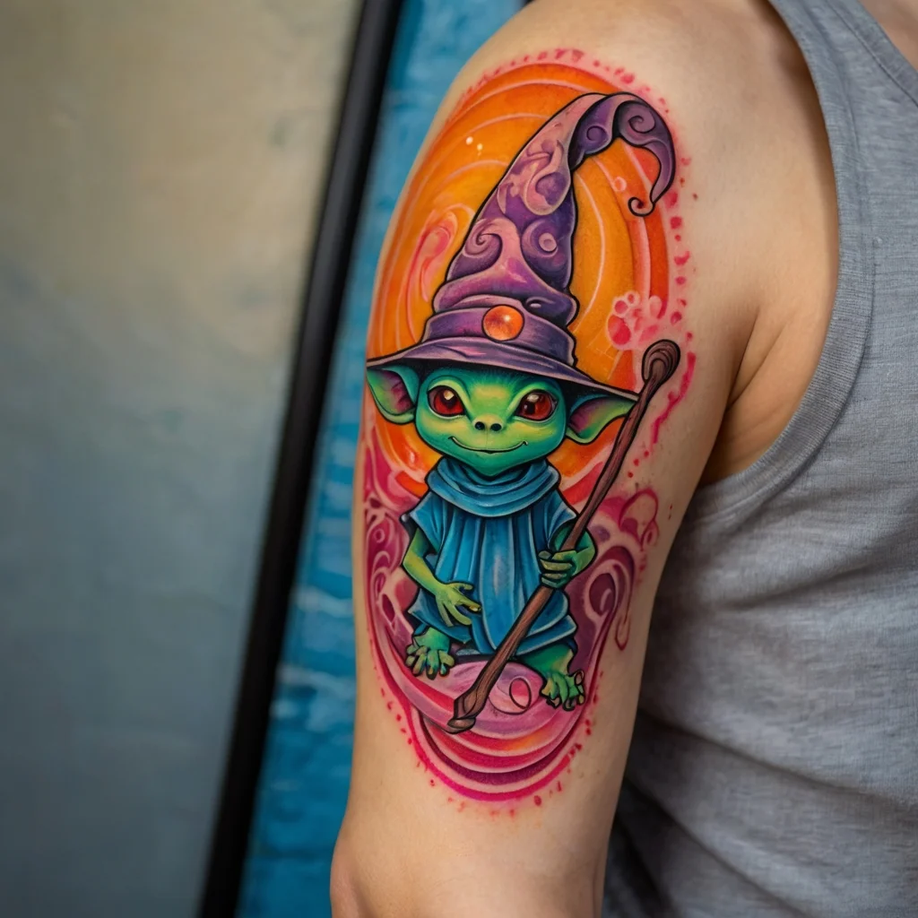 Colorful cartoon alien wizard tattoo with a purple hat, staff, and vibrant swirls on arm. Playful and mystical design.