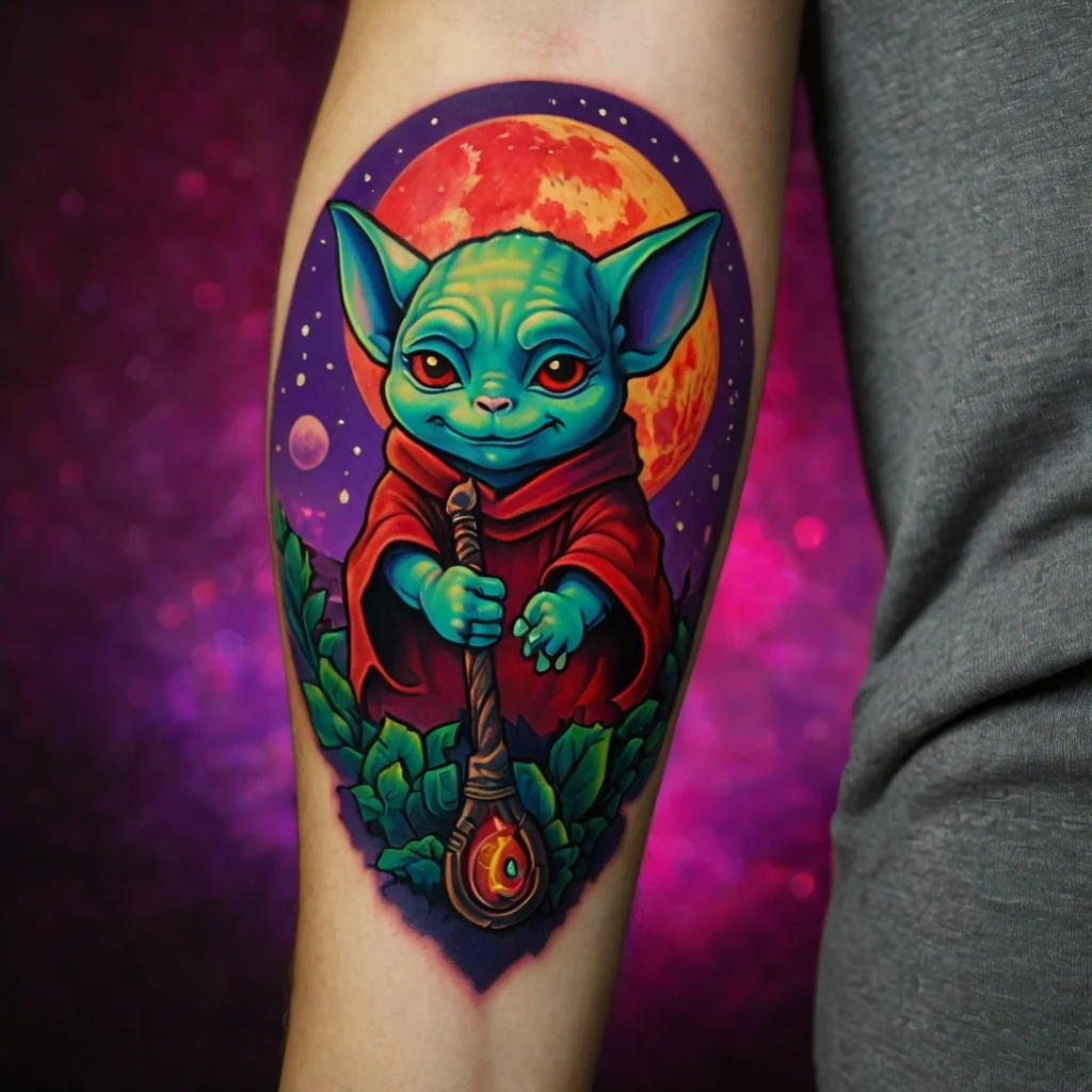 Vibrant tattoo of a green creature in a red robe holding a staff, set against a cosmic background with a red moon.