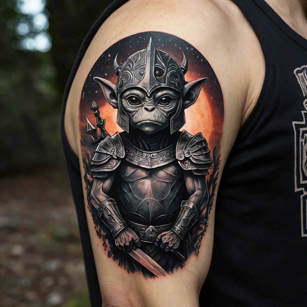 Arm tattoo of an armored warrior monkey, helmeted with detailed engravings, set against a vivid orange and black backdrop.