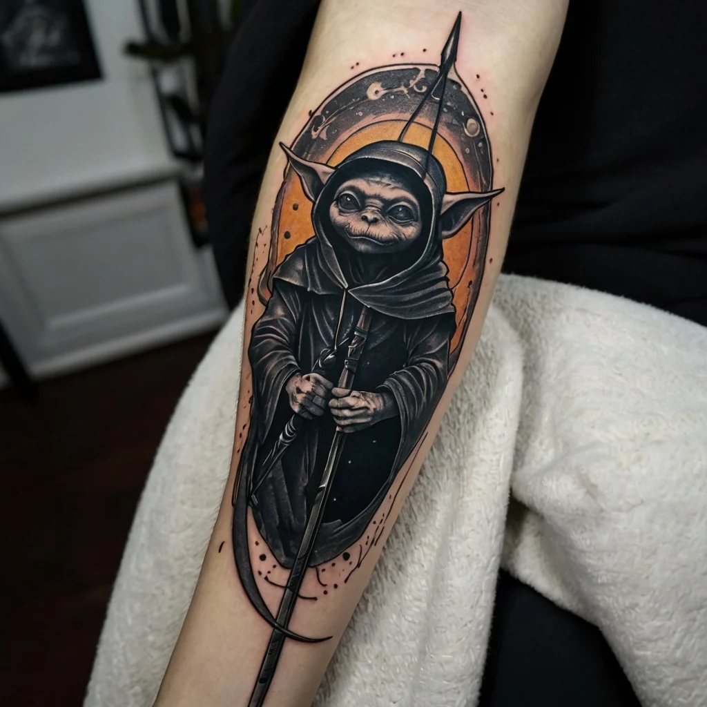 Tattoo of a robed creature with large ears holding a staff, set against an orange halo with ornate background details.