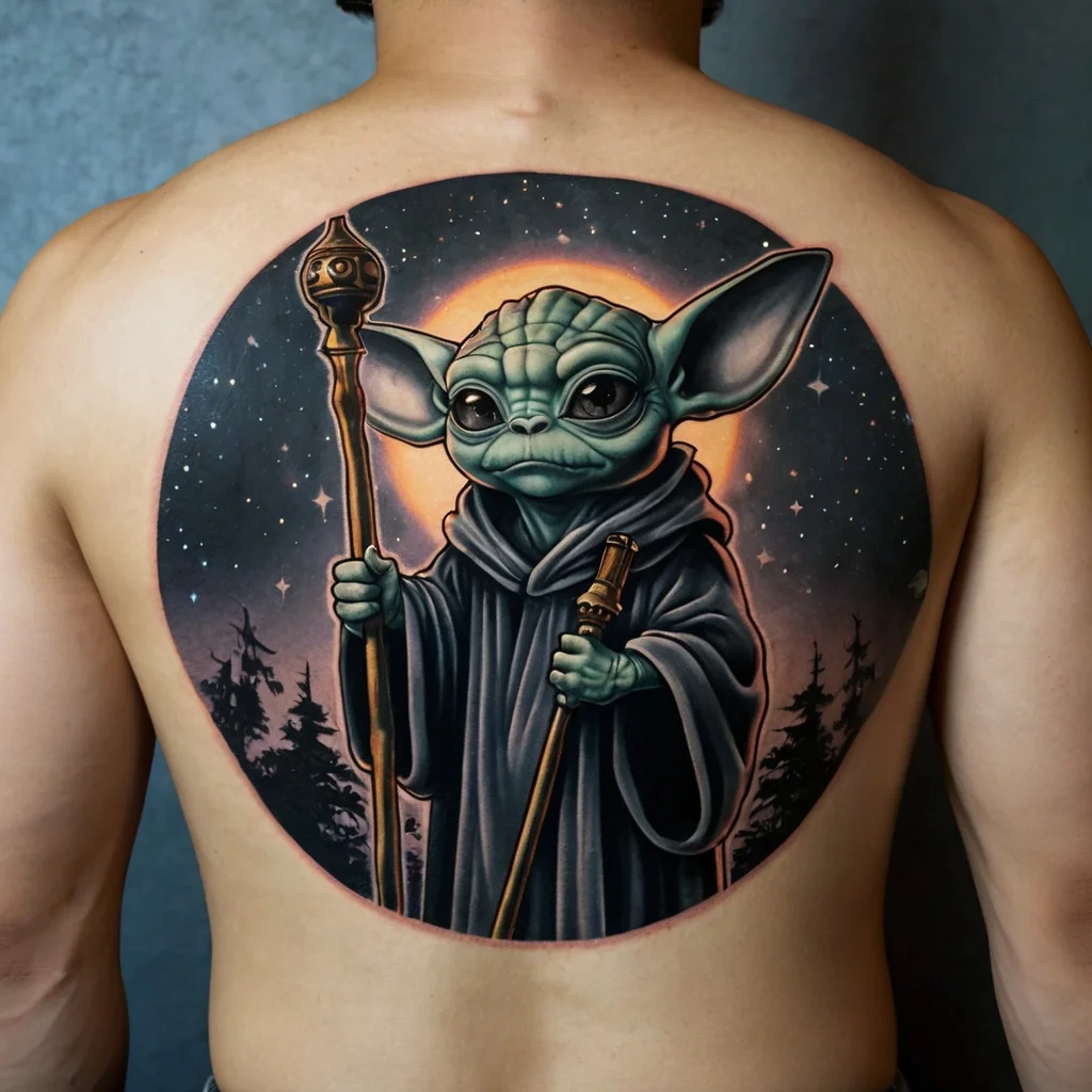 Tattoo of a green creature in a robe holding a staff, with a glowing halo and starry night background on the entire back.