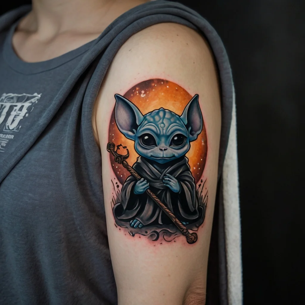 Tattoo of a cute alien creature holding a staff, with blue hues and an orange galaxy background, on upper arm.