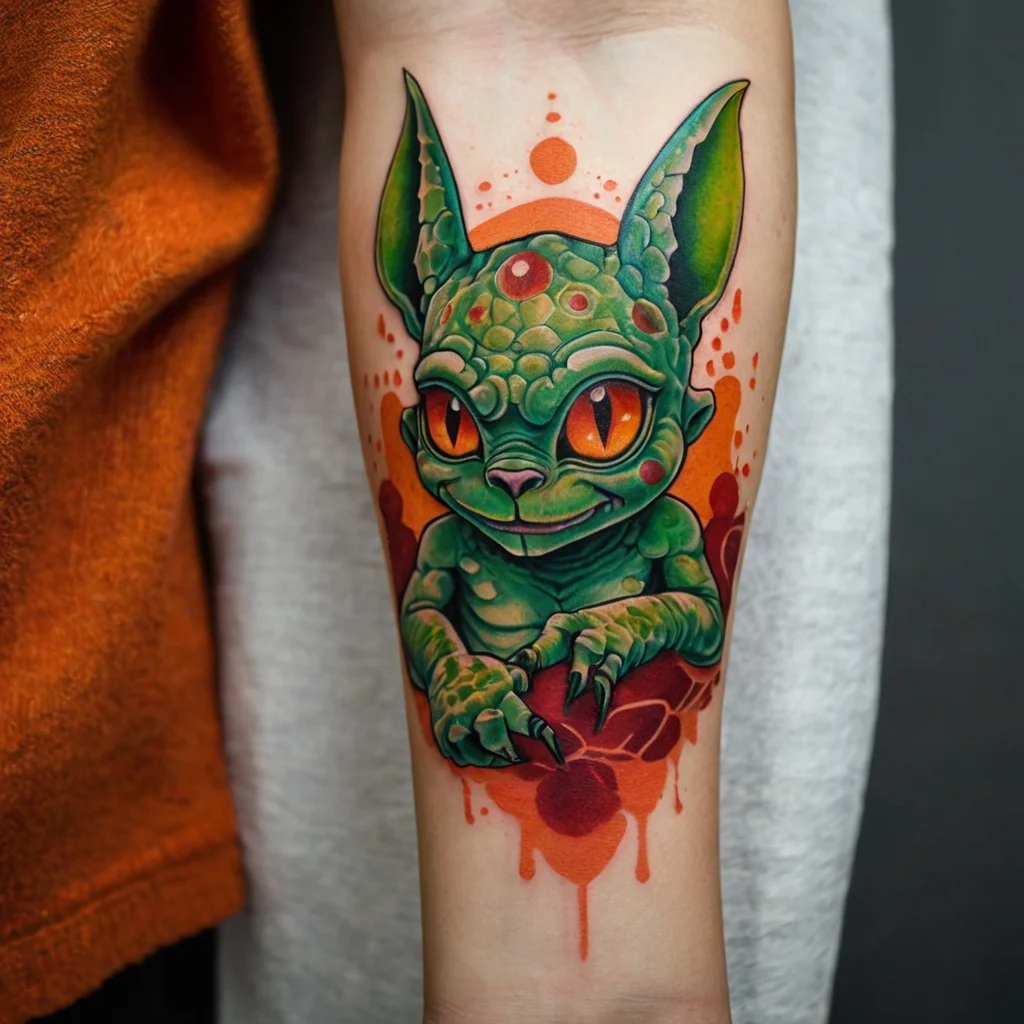 A vibrant, cartoonish green creature with orange eyes and large ears, surrounded by abstract orange patterns.