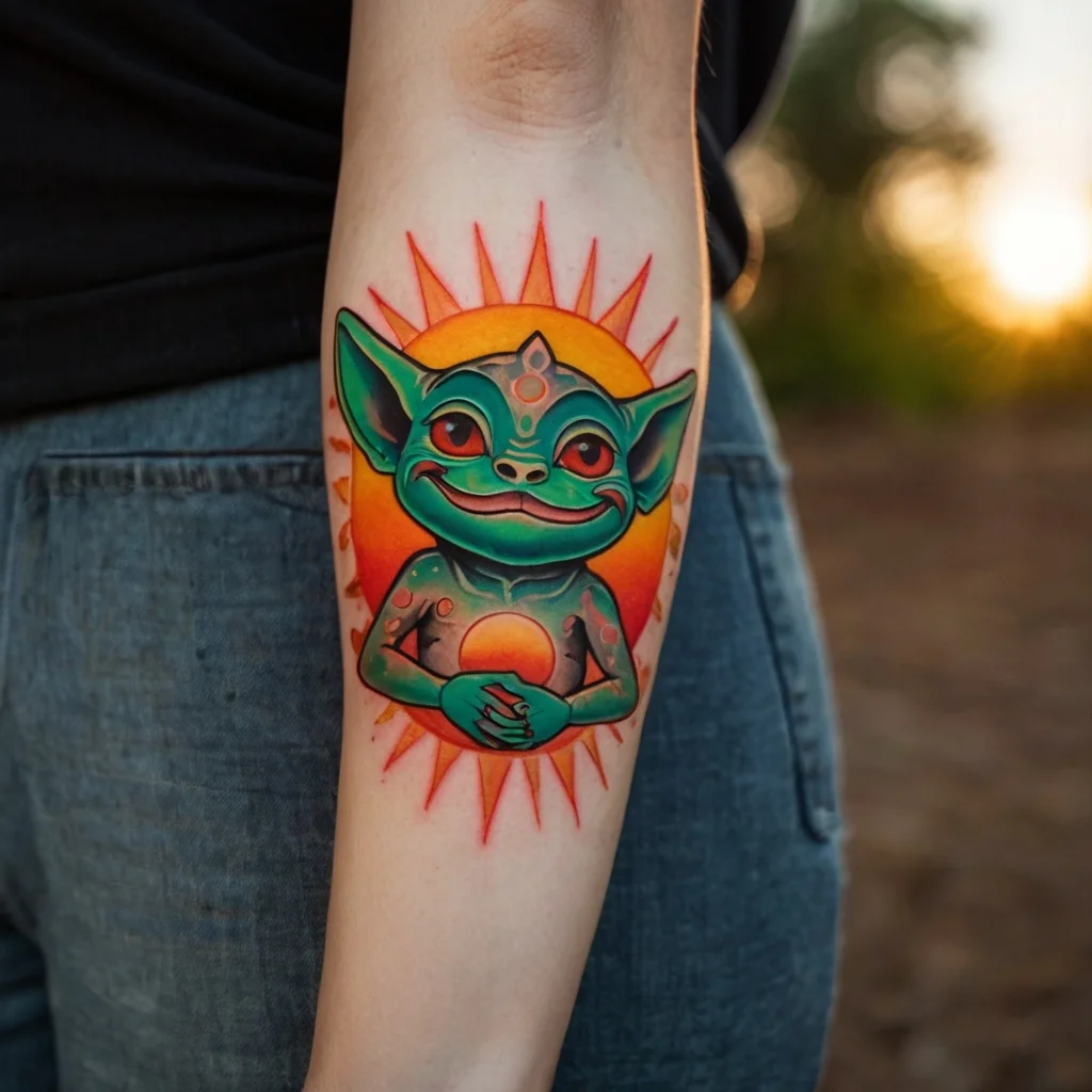 Vibrant tattoo of a green creature with mystical symbols, set against a radiant orange sunburst on the forearm.