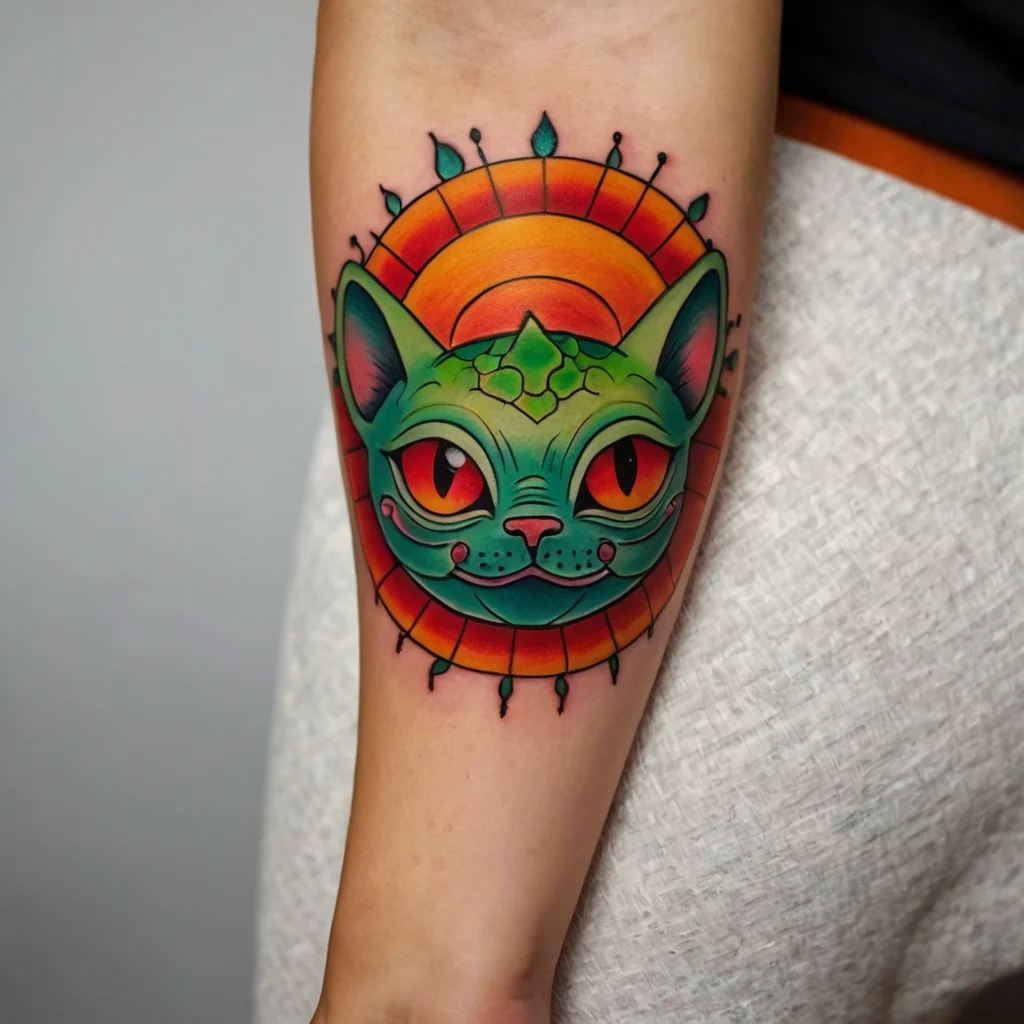 Vibrant neo-traditional tattoo of a green cat head with striking red eyes, set against a radiant orange sunburst design.