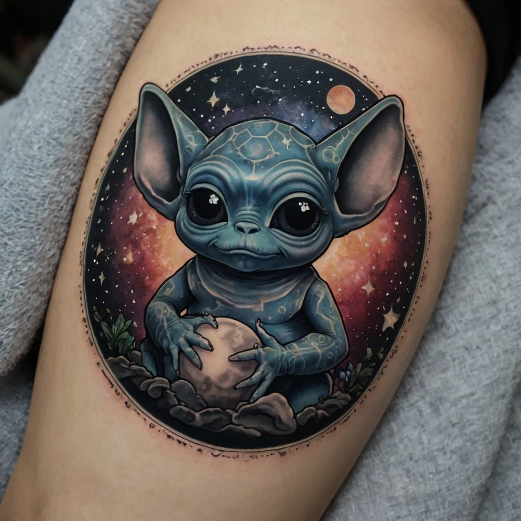 A whimsical tattoo of a blue alien-like creature holding a stone, set against a vivid cosmic background with stars and planets.