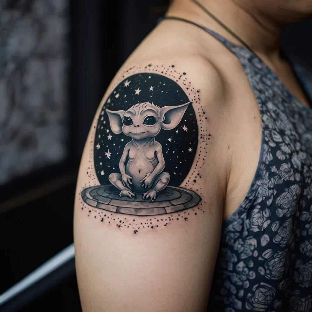 Tattoo of a cute, wide-eyed creature seated inside a cosmic circle of stars, blending fantasy and sci-fi elements.