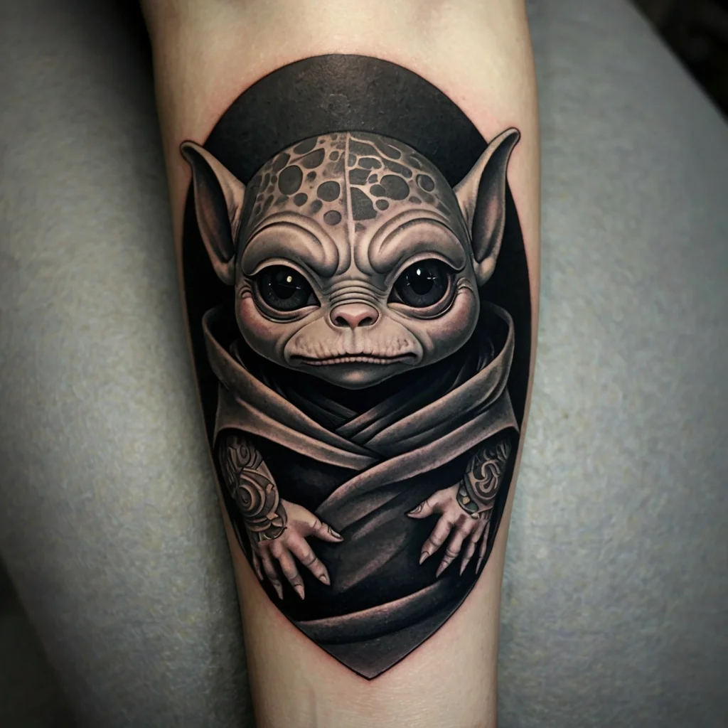 Realistic alien creature tattoo in grayscale, wrapped in a cloak with intricate arm details, set against a dark oval backdrop.