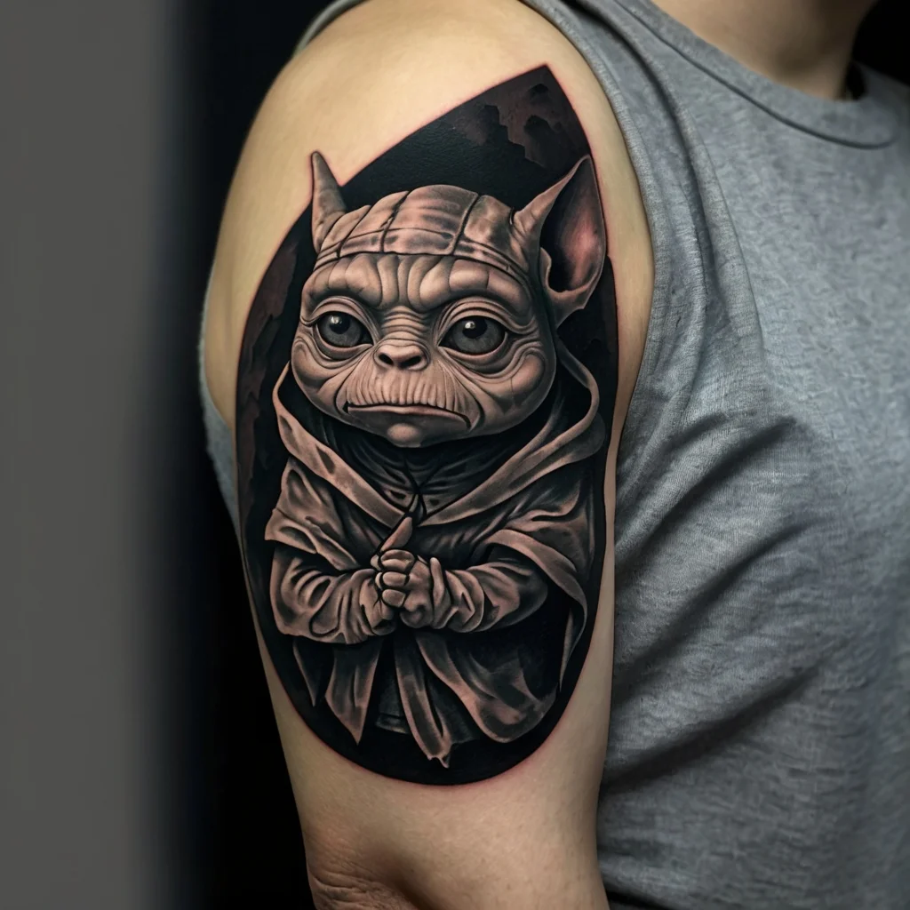 Tattoo of a wise creature in robes, detailed in grayscale, on upper arm. The design is shadowed for depth and realism.