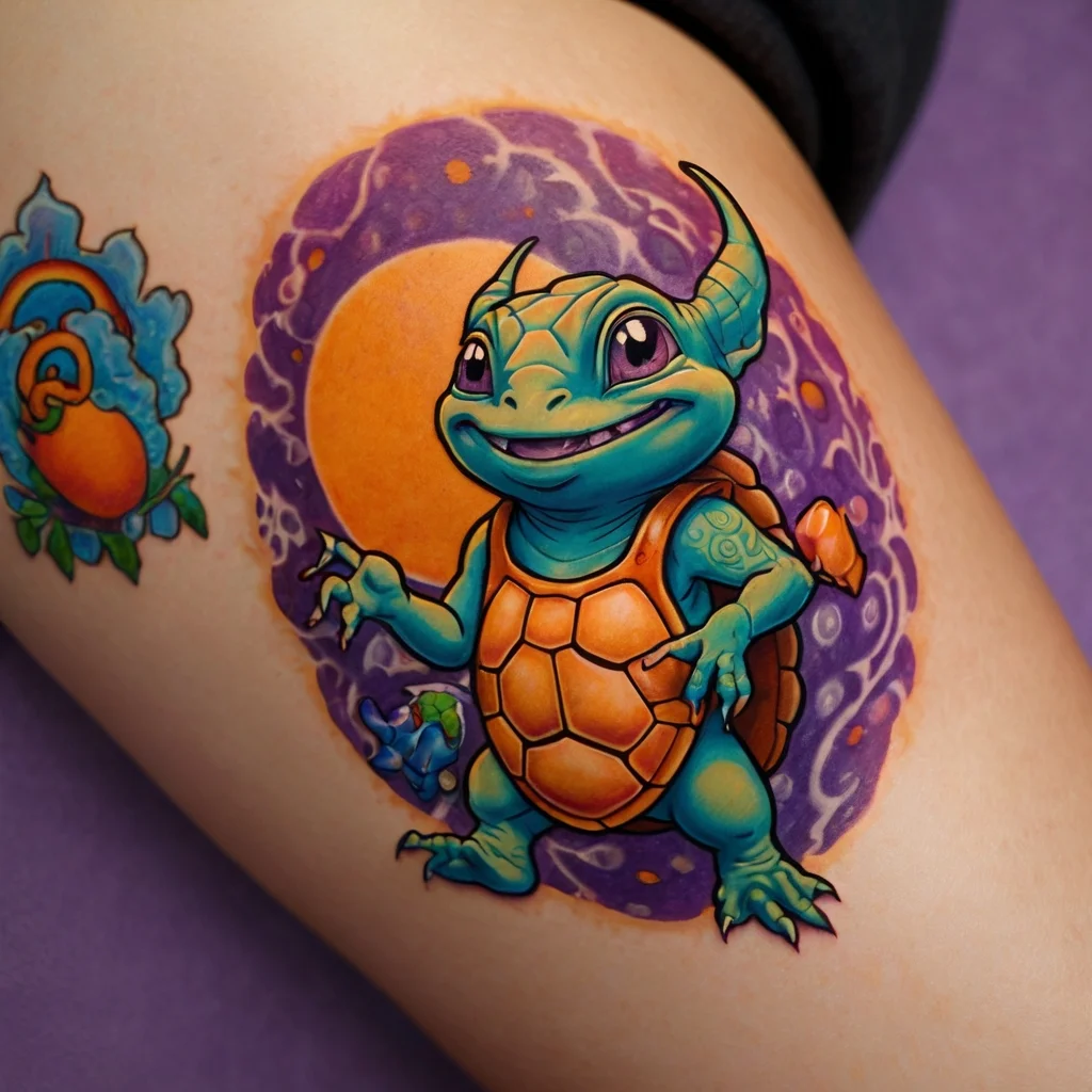 Colorful tattoo of a turtle-dragon hybrid with a vibrant shell on a purple swirl background, featuring a sunset theme.