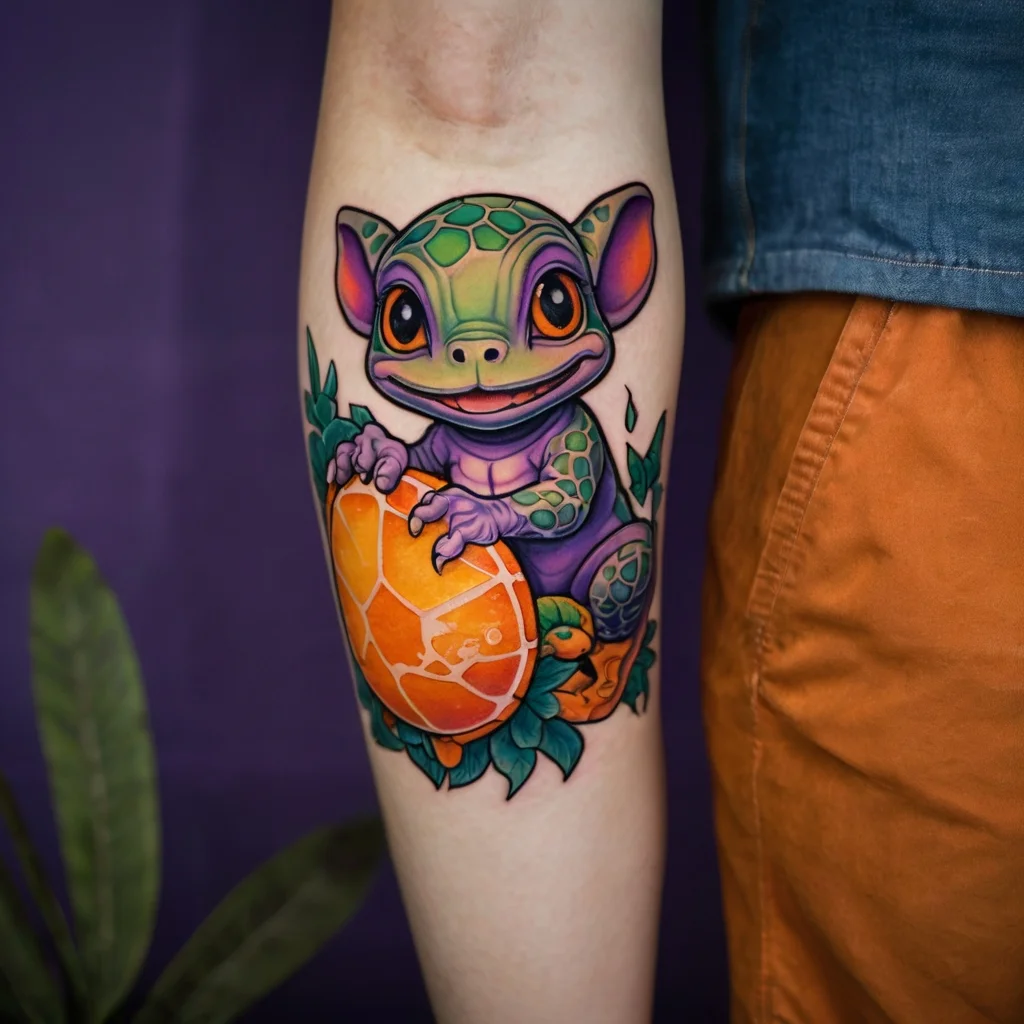 A vibrant tattoo of a cartoon chameleon with large eyes, emerging from a cracked orange egg, adorned with green leaves.