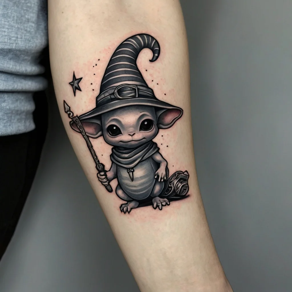 Tattoo of a cute creature in a wizard hat and scarf, holding a wand, with a tiny star beside it. Black and gray shading.