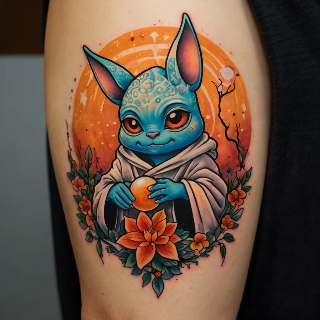 A vibrant tattoo of a blue, hooded creature holding an orb, surrounded by orange blossoms and a celestial background.