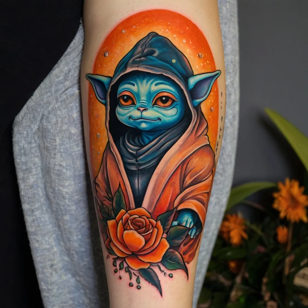 Colorful tattoo of a robed, mystical creature with large ears, set against an orange moon, with a detailed rose below.