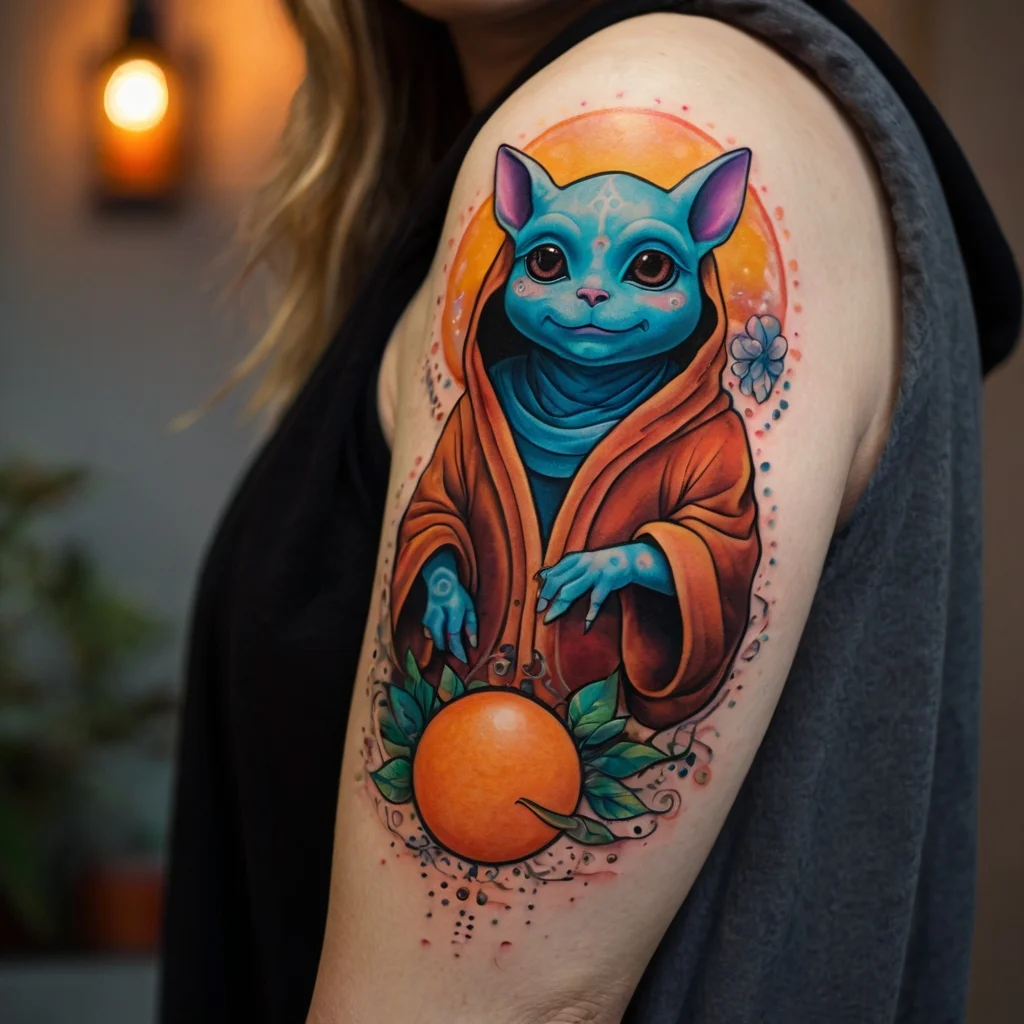 Vibrant tattoo of a blue, robed creature holding an orange fruit, surrounded by leaves and abstract dots.